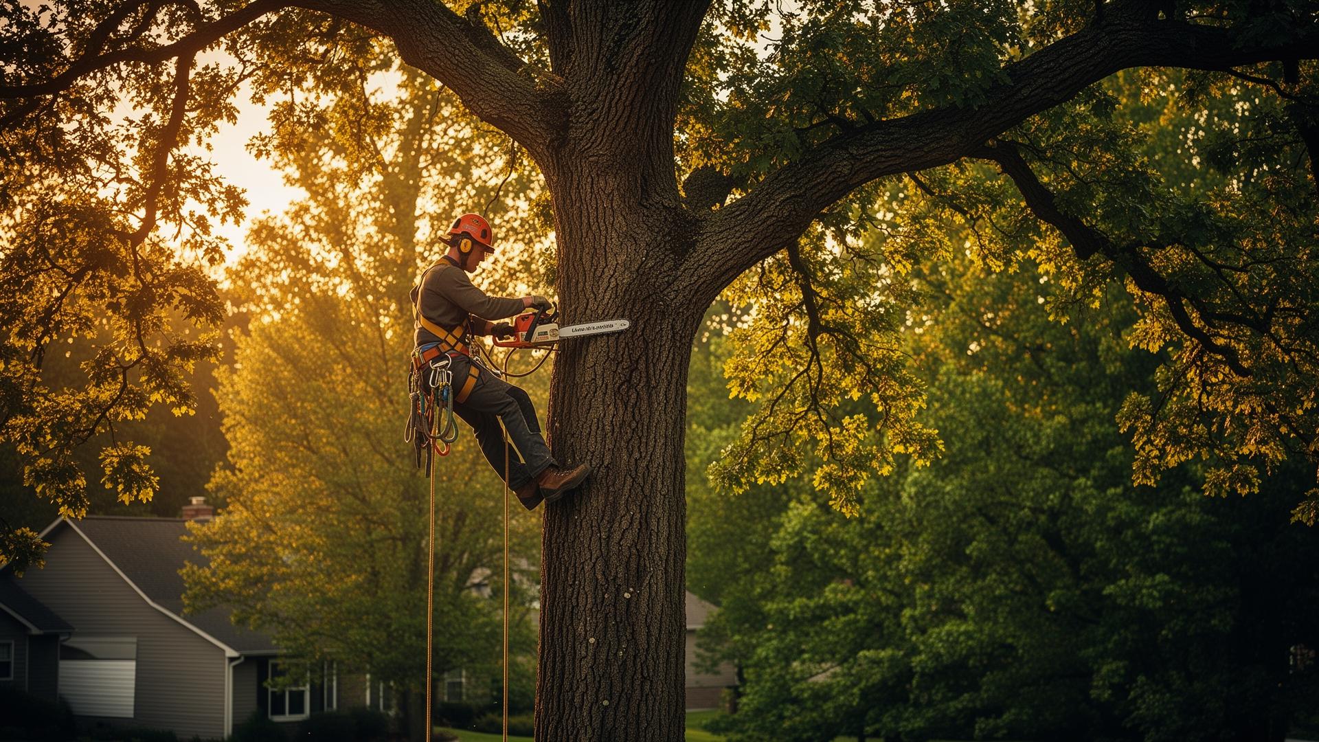 Certified arborist trimming a mature oak tree in St. Charles, Missouri
